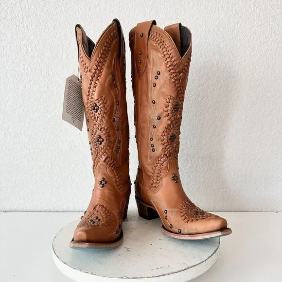 Wide calf friendly Tan Heeled Boots with Intricate Detailing - Picture 10 of 10